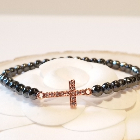NEW Pave CZ Rose Gold Cross Hematite Bracelet - Picture 4 of 5